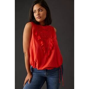 ✨ Anthropologie Tiny Ruffled Lace Sleeveless Top S Vibrant Orange Boho